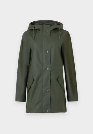 Olive green waterproof jacket with a hood, snap buttons, two side pockets, and drawstrings. Smooth texture and mid-length design.