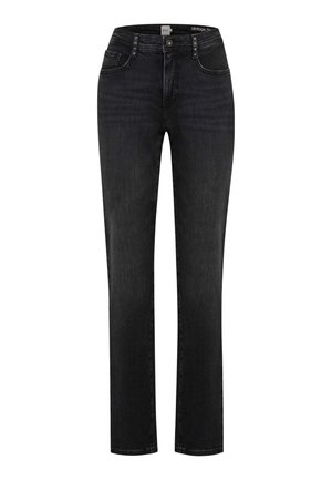 Jeans en denim noir avec une coupe droite, design à cinq poches, quincaillerie en métal et détails de couture visibles. Classiques et polyvalents.