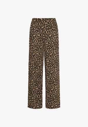 Leopardimustriga laiad püksid on valmistatud kergest materjalist; värvid on beež, pruun ja must, nende pind on sile ning vöökohal on elastne pael.