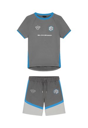 Gray athletic set featuring a short-sleeve shirt and shorts. Contrast blue accents on edges, logo graphics, and drawstring waistband.