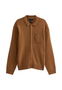 Cardigan in maglia marrone con maniche lunghe, apertura frontale con bottoni, colletto e una singola tasca sul petto.
