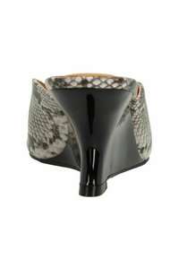Heeled shoe with a grey snakeskin pattern on the upper, black glossy heel, and tan interior. Slightly rounded toe, sleek design.