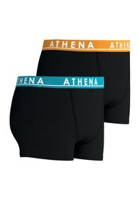 Deux paires de boxers noirs avec des ceintures élastiques contrastées : une en orange et l'autre en turquoise, avec le nom de la marque "ATHENA."