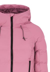 Růžová zateplená bunda s vysokým límcem, plným zipem, dvěma kapsami na zip a stahovací kapucí. Hladký vnější materiál s prošívanými detaily.