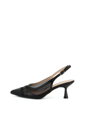 Décolleté slingback nero con punta a punta, pannelli laterali in rete e cinturino sottile regolabile, con tacco medio svasato.
