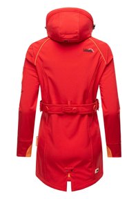 Red softshell jacket with a hood, belted waist, and orange accents. Features a logo, long sleeves, and a button closure at the hem.