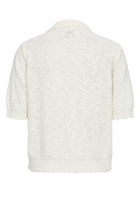 Pull blanc en maille à manches courtes avec poignets, ourlet et col côtelés, vu de dos.