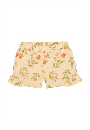 Shorts fleuris en tissu jaune doux, avec un ourlet volanté et un motif de fleurs roses et orange avec des feuilles vertes. Taille élastique.
