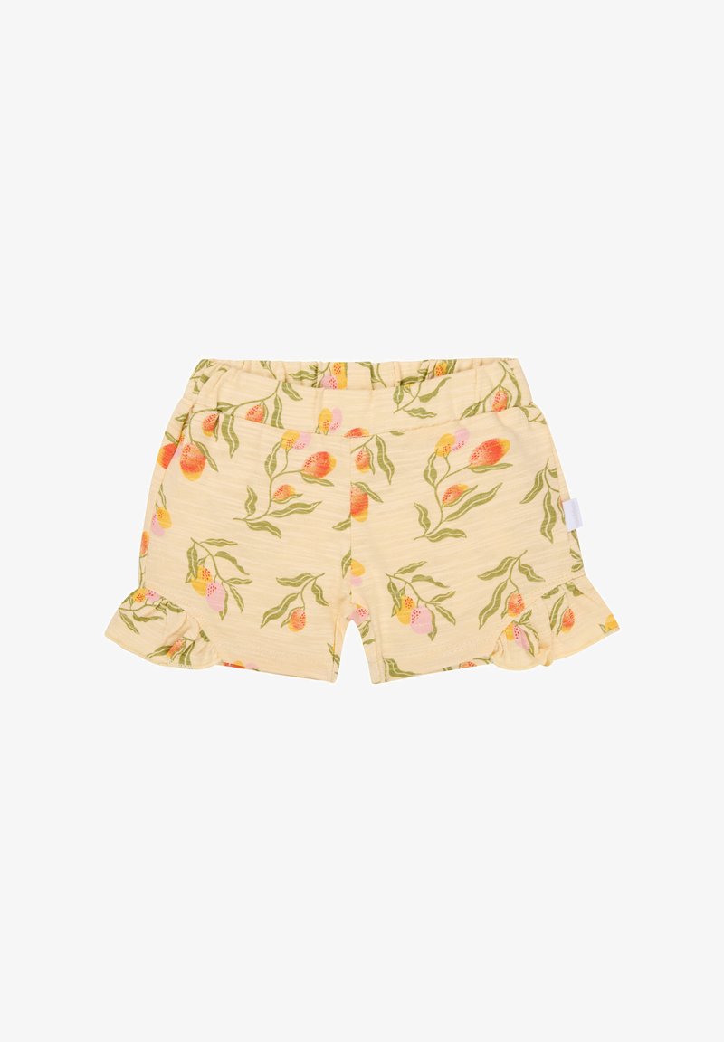 Floral shorts in soft yellow fabric, featuring a ruffled hem and a pattern of pink and orange flowers with green leaves. Elastic waistband.