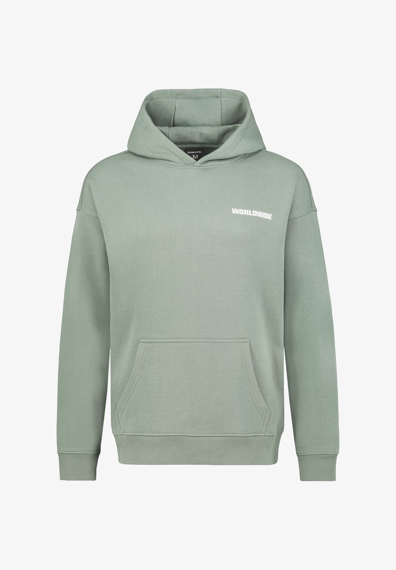 Green hoodie featuring a front kangaroo pocket, ribbed cuffs, and hem. "WORLDWIDE" logo in white on the chest. Soft cotton blend material.