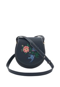 Marineblaue Leder-Crossbody-Tasche mit floralem und vogeldetailierter Stickerei, runder Form, verstellbarem Tragegurt und weißen Nähten.
