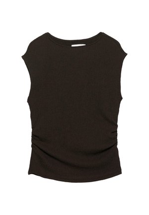 Černý přiléhavý top bez rukávů s kulatým výstřihem a jemným řasením na bocích, položený na bílem pozadí.