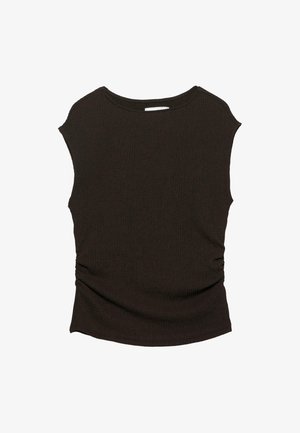 Top negru fără mâneci, mulat, cu decolteu rotund și plisare subtilă laterală, așezat plat pe un fundal alb.