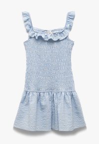 Blauw-wit geruite jurk met smock-bustier, volants bij de hals en een uitlopende rok. Heeft dunne bandjes en een decoratieve strik.