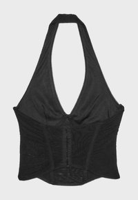 Haut corset noir à col halter avec fermetures à agrafes devant et baleines structurées pour une silhouette ajustée.