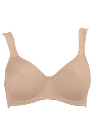 Classic beige bra with soft, stretchy fabric. Features a smooth, seamless design, wide straps, and an underwire for support.
