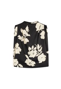 Top nero elegante con motivo floreale color crema, realizzato in tessuto morbido con design drappeggiato e apertura a goccia sul retro.