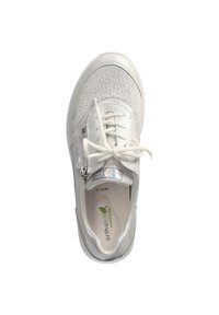 White sneaker with metallic accents, textured upper, round toe, and lace closure. Features a side zipper for easy access.