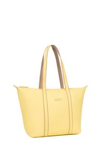 Borsa tote gialla realizzata in pelle liscia con due manici beige, caratterizzata da cuciture verticali e una piccola placca con logo sulla parte anteriore.