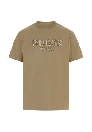 Khaki krátké tričko s krátkými rukávy a vyšívaným logem "GUESS EST. 1981" v kontrastní barvě. Vyrobeno z měkké bavlny s kulatým výstřihem.