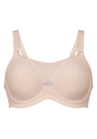 Beige beha met gaaspanelen, een zachte textuur en verstelbare bandjes. Voorzien van een subtiele logotag in het midden en gevoerde cups voor ondersteuning.