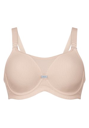 Beige BH mit Netzeinsätzen, glatter Textur und verstellbaren Trägern. Verfügt über ein dezentes Logotag in der Mitte und gepolsterte Cups für Unterstützung.