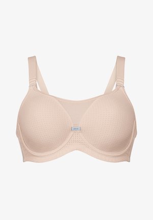 Beige BH mit Netzeinsätzen, glatter Textur und verstellbaren Trägern. Verfügt über ein dezentes Logotag in der Mitte und gepolsterte Cups für Unterstützung.