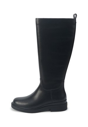 Schwarze kniehohe Stiefel aus glattem Leder. Verfügen über eine runde Zehenpartie, eine dicke Gummisohle und eine kleine Schlaufe an der Rückseite für einfaches An- und Ausziehen.