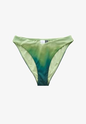 Zöld gradient bikinialsó, sima textúrával, V-alakú kivágással és kontrasztos sötétebb zöld díszítéssel az oldalakon.