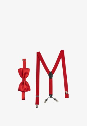 Red satin bowtie and suspenders set. Bowtie features a smooth texture and central knot, while suspenders have adjustable clips and a matte finish.