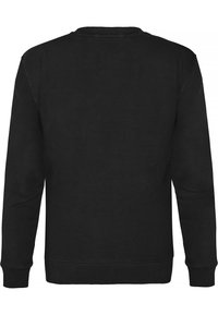 Sudadera negra con cuello redondo, manga larga, puños de canalé y textura suave. La parte trasera es lisa, sin logotipos ni patrones.