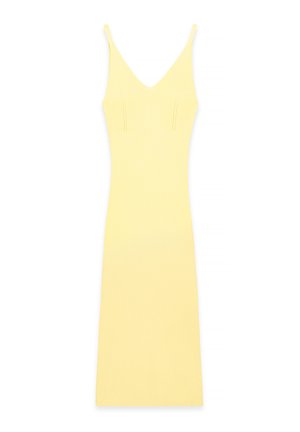 Spleciona żółta sukienka z dekoltem w kształcie V i cienkimi ramiączkami. Posiada szczegóły na szwach bocznych oraz dopasowany krój. Tkanina ma gładką fakturę.