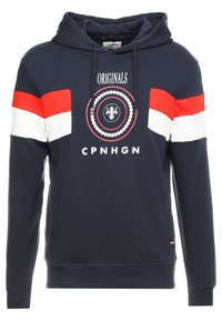 Felpa navy con accenti a strisce rosse e bianche, cappuccio con cordino, logo frontale e polsini e orlo a coste. Realizzata in morbido cotone.