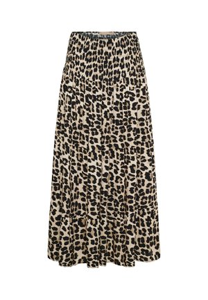 Maxi nederdel med beige og sort leopardprint og elastisk rynket taljebånd, flydende silhuet.