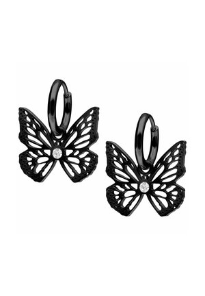 Black butterfly-shaped earrings feature a hollow design, a central clear crystal, and a hoop attachment for wear.