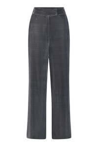 Wijde broek in een donkergrijze stof. Het materiaal heeft een gladde textuur met een subtiele glans, en beschikt over een hoge tailleband en een vouw aan de voorkant.