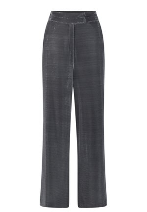 Wijde broek in een donkergrijze stof. Het materiaal heeft een gladde textuur met een subtiele glans, en beschikt over een hoge tailleband en een vouw aan de voorkant.