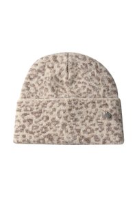 Berretto lavorato a maglia di un beige chiaro con motivo maculato marrone, orlo arrotolato e piccolo logo metallico laterale. Tessuto morbido e strutturato.