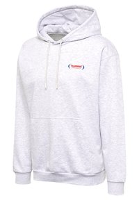 Lichtgrijze hoodie met voorzak, trekkoordjes, geribbelde manchetten en klein rood-blauw "hummel sportswear" logo op de borst.