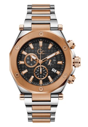 Chronograaf horloge met een zwarte textuur dial, roségouden accenten en een zilveren RVS armband. Beschikt over een datumaanduiding en subdials.