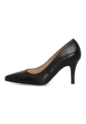 Black leather high-heeled pump with a pointed toe, smooth texture, and a sleek silhouette. The heel is approximately 3 inches tall.
