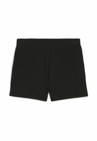 Black ribbed shorts with an elastic waistband, featuring a straight cut and no visible pockets or embellishments. Textured fabric.