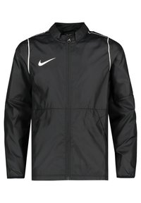 Sort vindjakke lavet af letvægtsmateriale, med en frontlynlås, slim fit og hvide accenter på skuldrene og logoet.