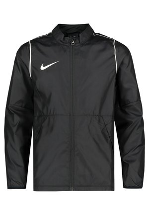 Sort vindjakke lavet af letvægtsmateriale, med en frontlynlås, slim fit og hvide accenter på skuldrene og logoet.