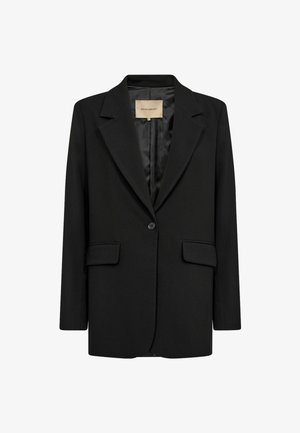 Black blazer with a structured design, single button closure, two front pockets, and a smooth lining. Made of a lightweight, durable fabric.