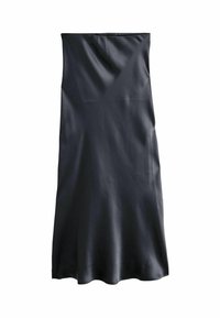 Rochie midi neagră din mătase, cu croi drept, textură netedă și o strălucire subtilă. Nu are accesorii sau modele vizibile.