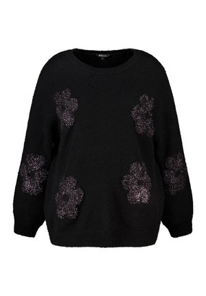 Zwarte trui van een zachte, textuurstof met vijf glanzende bloemenapplicaties op de voorkant. Ontspannen pasvorm en ronde halslijn.