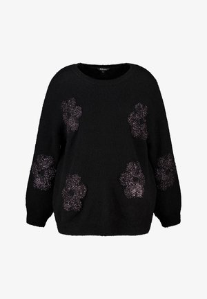 Zwarte trui van een zachte, textuurstof met vijf glanzende bloemenapplicaties op de voorkant. Ontspannen pasvorm en ronde halslijn.