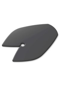 Zwarte plastic kunstenaarspalet met een unieke vorm die twee puntige uiteinden heeft. Het heeft een klein rond gat nabij het midden voor een gemakkelijke hantering.
