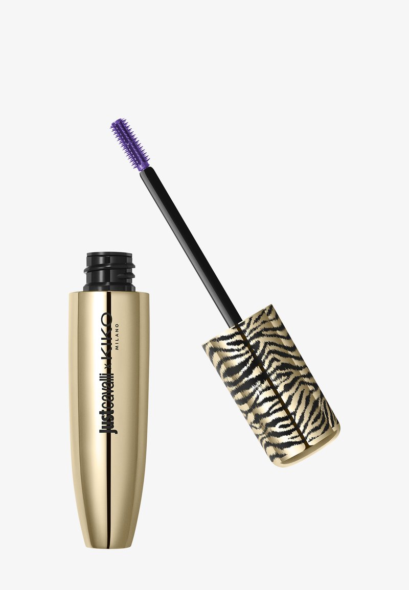 Gullfarget mascara-tube med "Just Cavalli KIKO Milano"-logo, med et lokk med zebrastriper og en påføringskost med lilla børster.